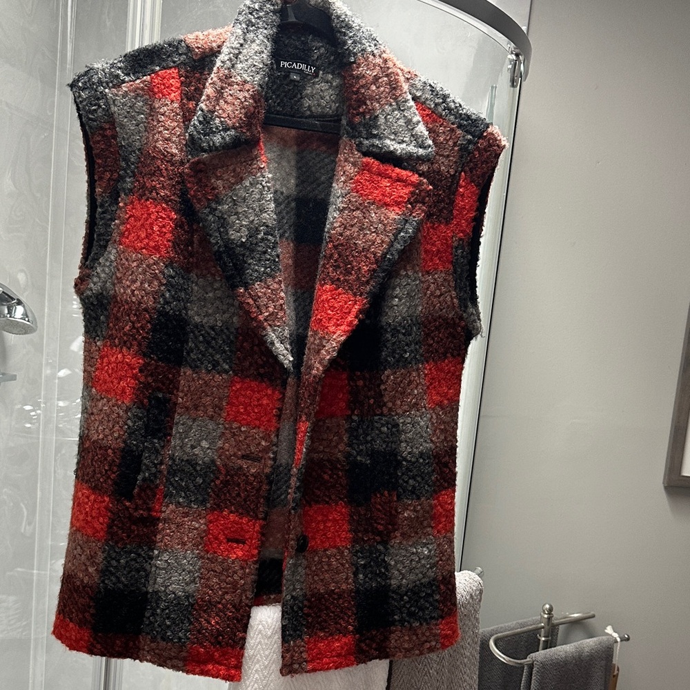 Women's Red and Gray Plaid Vest